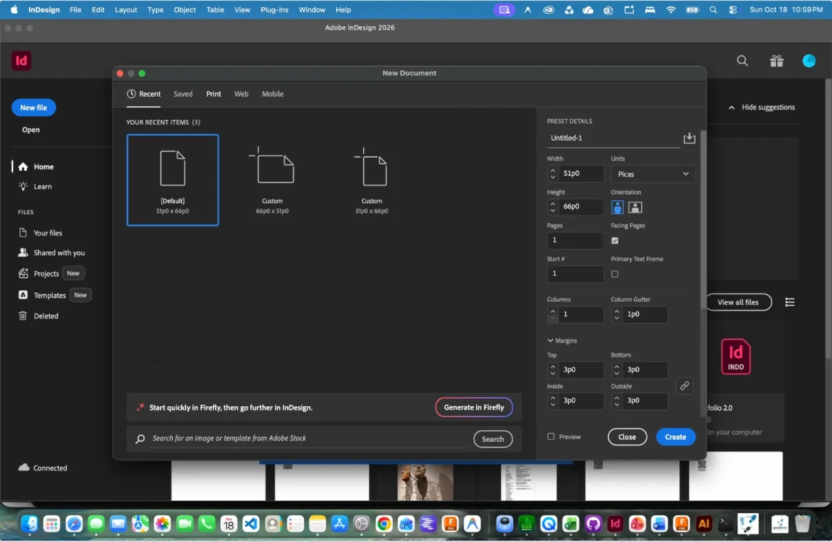 Adobe InDesign New Document screen with numbered click marker