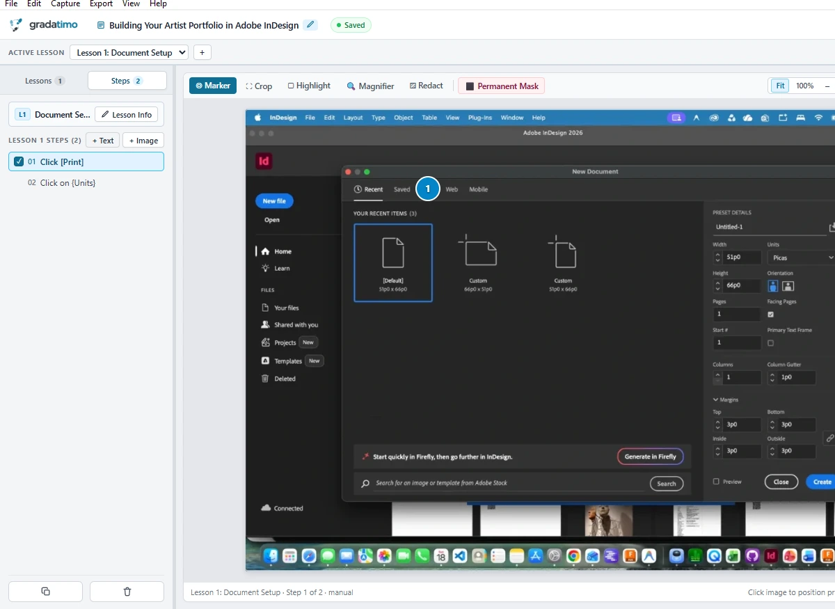 Gradatimo lesson and step navigator alongside the active screenshot canvas