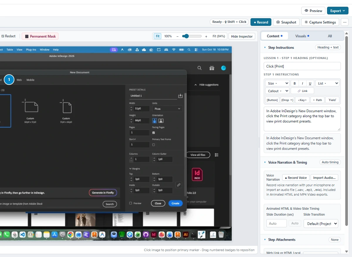 Gradatimo Step Instructions inspector showing UI formatting tokens, live badge preview, and step attachments